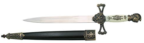 AMONT Dolch Mittelalterliche 13747-1, Bronzeknopf, weißer Griff mit schwarzer Zeichnung, inoffizielle Replik, Gesamtgröße 35 cm, Stahlblatt, Schwarze Scheide mit Bronze-Details