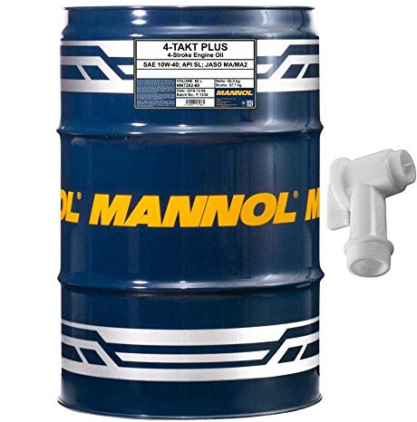 60 Liter MANNOL 4-Takt Plus Motorradöl API SL JASO MA/MA2 inkl. Auslaufhahn SAE 10W-40
