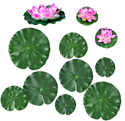 Quanyuchang Künstliche schwimmende Pflanzen, Wasserlilie, Lotusblüte und Blätter, Pads für Zuhause, Garten, Teich, Pool, Aquarium, Landschaftsdekoration, 11 Stück