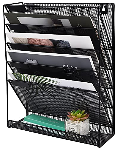 EASEPRES 6 Tier Mesh Wall Mounted File Holder Organiser, Metal Wall Mounting Magazine A4 Paper Storage Rack, Desk Filing Letter Holders for Office Home, Black