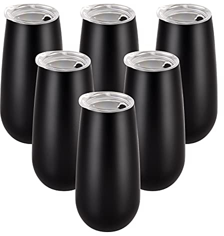 6 Pack Stemless Double Insulated Champagne Flute Tumbler with Lid, 6 Oz Unbreakable Reusable Cocktail Cups Champagne Toasting Glasses, Birthday Christmas Gifts for Friends, Wine Glass Tumbler, Black