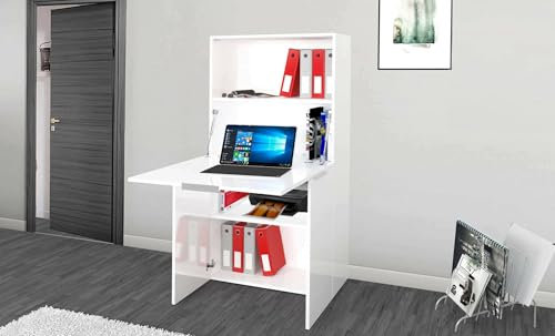 Dmora Scrivania Gianpiero, Mobile Multiuso con scaffali e Piano da Lavoro, Tavolo Multiuso per Ufficio, Scrivania salvaspazio Multiposizione, 100% Made in Italy, cm 70x35h140, Bianco Lucido