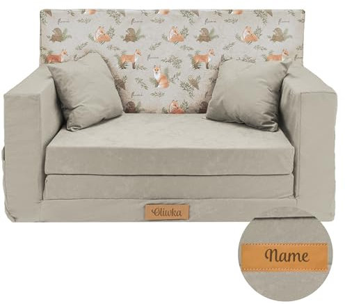 Flumi Kindercouch Kinder Sessel Sofa Schlafsofa jugendzimmer mit Gravur KINDERNAME Spielsofa für Kinderzimmer Schlafsessel Bettfunktion Kindermöbel 92x40x60 Mikrofaser (Hellgrau + Füchse)
