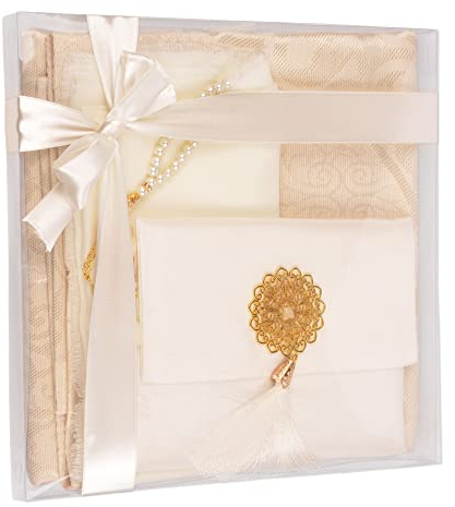 BABY SHOWER CHOCOLATE Islamische Geschenkset, Samt Gebetsmatte, Gebetsperlen, Schal und Yaseen Buch (Weiß)