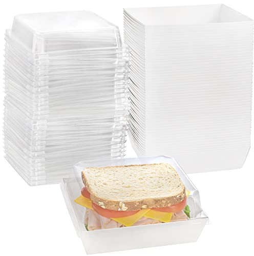 Hiceeden Set of 100 Sandwich Boxes with Clear Lids, White Paper Charcuterie Boxes, 5 Square Dessert Cake Boxes Food Grade for Swiss Roll, Hamburger, Pasta, Salad, Cookie