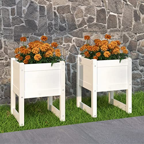 WIFESE Lot de 2 pots de fleurs, blancs, 40 x 40 x 52,5 cm, en bois de pin massif, grands, pour l'extérieur, pour balcon, jardinières, carrés, hauts