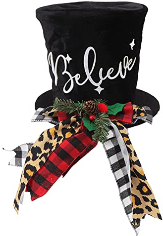 Vikye Weihnachtsbaumspitze, Upgrade großer schwarzer Baumspitzenhut mit roter Karierter Schleife, schöne Baumkronendekorationen, Zylinder für Urlaub, Party, Heimdekoration