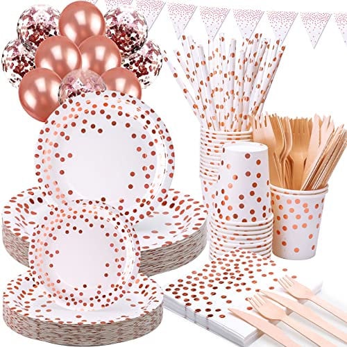 AOXLLK 186 Pieces Rose Gold Party Plates Cups and Napkins, Paper Plates and Napkins Set with Knives Forks Party Tableware, for Girl Birthday Party, Baby Shower, Wedding, Party Decoration