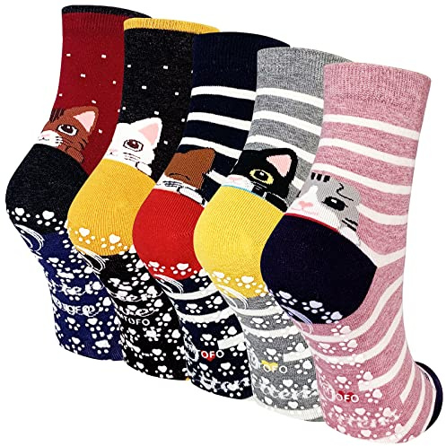 PUTUO Stoppersocken Damen Lustige Socken: Antirutschsocken Damen Rutschfest ABS Socken aus Baumwolle Frauen Katzen rutschsocken mit Bunte Witzige Tier Muster 5 Paare
