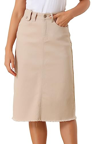 Allegra K Damkjol, hög midja, knälång, jeans, pennkjol, midikjol med fickor, Aprikos, S