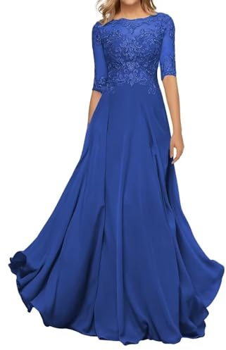 HYEC7 Women's Lace Appliques Mother of The Bride Dresses 3/4 Sleeve Long Formal Evening Dresses A Line Prom Dress Royal Blue