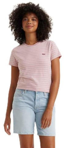 Levi's Women's The Perfect Tee- Striped Chesthit Logo T-Shirt, Tea Stripe Keepsake Lilac, XXS