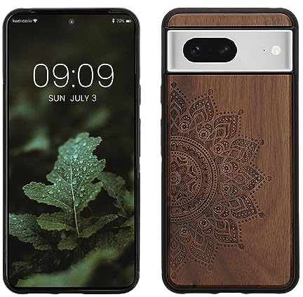 kwmobile Hülle kompatibel mit Google Pixel 8 Hülle - Holz Case - Handy Cover - TPU Handyhülle in Dunkelbraun Aufgehende Sonne