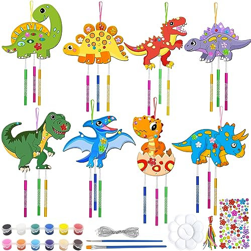 Shinybox Dinosaurier Windspiel Bastelset Kinder, 8 Stück Dinosaurier Malset für Kinder, DIY Holz Bastelset, Dinosaurier Klangspiel für Kind Mitgebsel für Kinder Geschenk Party Geburtstagsdeko