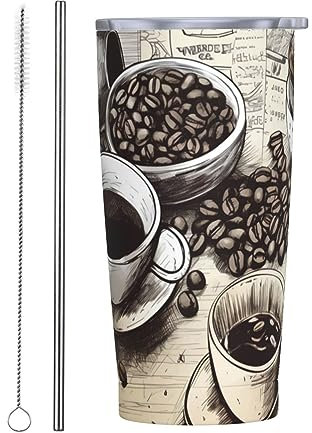 cfpolar Vintage Kaffeebohnen-Tasse Menü 590 ml Edelstahlbecher, isolierter Reise-Kaffeebecher mit Deckel und Strohhalm, langlebige Kaffeetasse, Wasserflasche für kalte und heiße Getränke