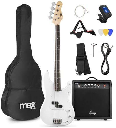 MAX GigKit Full‑Size White Electric Bass Guitar Starter Pack - 4‑String Bass Guitar with 15-40 W Amp, Gig Bag, Strap, Cable, Picks & Extras – Ideal Beginner Student Kit with 6 months Lessons