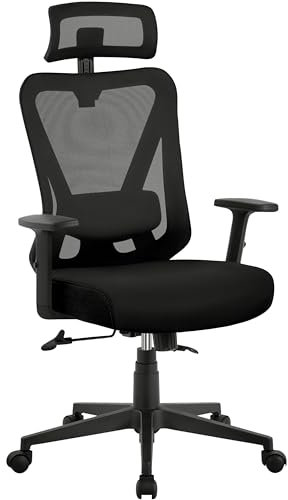 Yaheetech Chaise de Bureau Ergonomique Fauteuil de Bureau en Maille Support Lombaire et Siège Inclinaible Appui-tête Accoudoirs Réglables roulettes Pivotantes 360° Charge 136 kg Noir