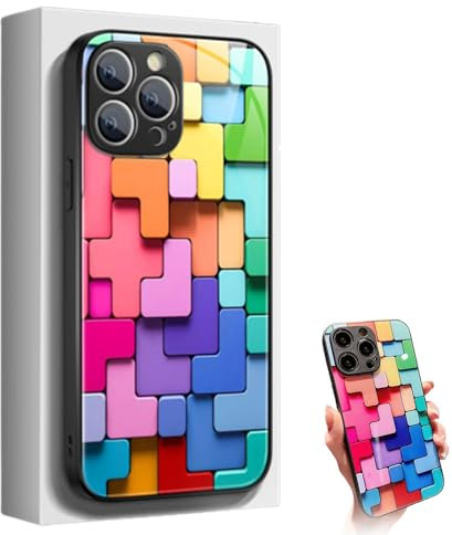 Flache 3D-Glashülle mit quadratischem Muster für iPhone 12 13 14 15 promax Hülle,Bunte Bausteine-Muster-Handyhülle, Coole Bunte Handyhülle, stoßfester Schutz (Schwarz,14 Pro)