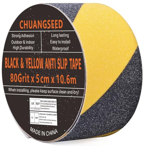 CHUANGSEED Black yellow anti slip tape Ruban antidérapant Sécurité,5cmx10.6m,Bandes antidérapantes escalier extérieur,Jaune Noirpour Ruban escaliers averissement,marches,revêtements de Sol