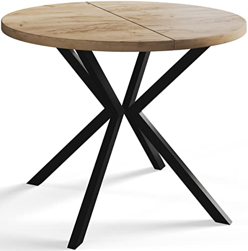 AlpiMeble Runder Esszimmertisch LOFT LITEN, ausziehbarer Tisch Durchmesser: 90 cm/170 cm, Wohnzimmertisch Farbe: Braun, mit Metallbeinen in Farbe Schwarz