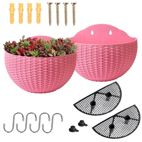 YuanDiann Wandmontage Blumentopf Halbrunder Rattanimitat Hängender Blumenkorb Balkon Innen Außen Garten Deko Pflanzgefäß Blumenampel Selbstbewässerung mit Wasserspeicher Rosa 2 Pack L