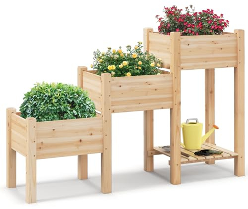 HOMASIS Aiuola rialzata con 3 fioriera e ripiano, aiuola da giardino in legno di abete, fioriera con fori di drenaggio, aiuola per piante, aiuola per giardino, balcone, terrazza, 161 x 43 x 104 cm