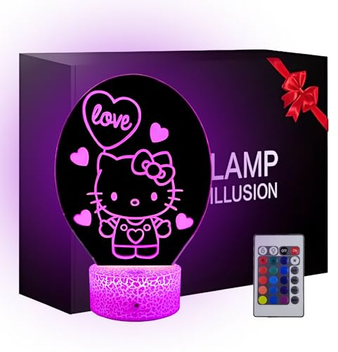 Nocles Kitty Lampara Y Llavero Niñas Regalos Kitty Luz Nocturna Infantil 3d Kitty Luz Led 3d Rgb 16 Colores Con Mando A Distancia y Botón Táctil Lampara Bebe Kawaii Luz Bebe Nocturna