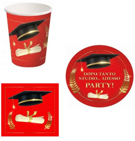 Kit Coordinato Laurea in carta per 16 Persone completo di Piatti - Bicchieri e Tovaglioli a tema