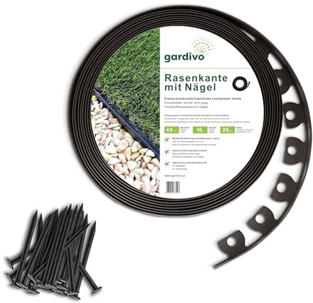 GARDIVO Braun Rasenkante Flexible Kunststoff | 10m Lang 4cm Hoch | 25 Starke Befestigungsnägel | Beetumrandung Beeteinfassung Beetbegrenzung Mähkante Palisade Pflastersteine
