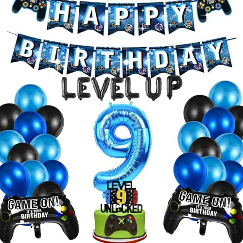 YOUYIKE Videospiel 9. Geburtstag Dekorationen - 32 Stück Luftballon, Cupcake Topper, Gamer Deko für Kinder Thema Party Zubehör