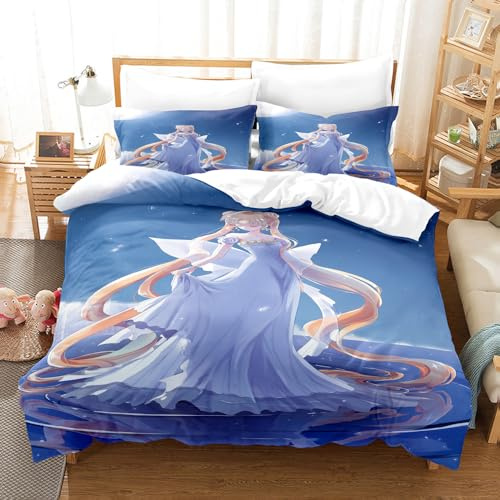 Ste-X Bettbezug Aus ägyptischer Baumwolle Mit Fadenstärke 120, Bettwäscheset Sailor Moon Mit Kissenbezügen, Maschinenwaschbar, Metallreißverschluss (135x200cm,Usagi Tsukino 03)