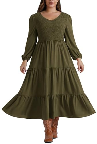 Hanna Nikole Women's Casual Lantern Sleeve Maxi Dress Tiered Ruffle Formal Dresses with Pockets for Plus Size Women Yellow Green 26