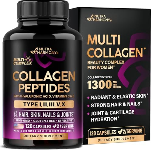 Multi Collagen Peptides 1300mg - Hydrolyzed Types I II III V & X - 120 Caps