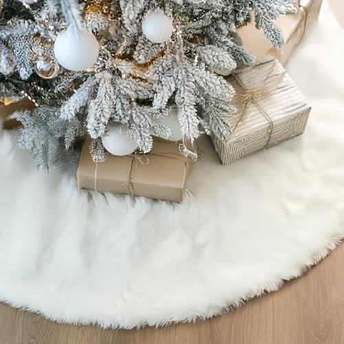 MORAINJAY Jupe de Sapin de Noël, Tapis de Noël Blanc en Fausse Fourrure, Tapis Plumeux pour Arbre de Noël, Décoration de Noël et Nouvel an, Housse de Sapin Festive pour Fêtes d'hiver