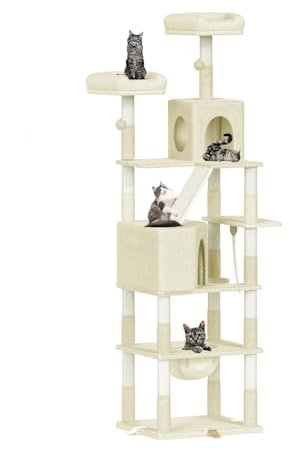 Dogat 208cm Large Cat Tree, XXL Tall Cat Tree Tower for Indoor, Anti-tip Cat Climbing Frame with 3 Removable Reinforced Clips, Condo and Hammock, for Large and Small Cats, Beige