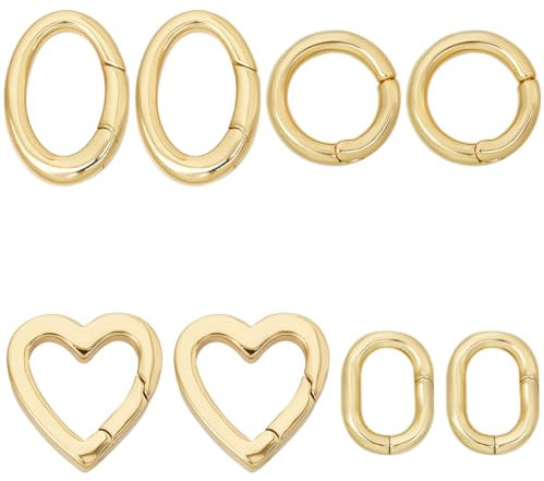 SUNNYCLUE 8 Stück 4 Stile Echte 18 Karat Vergoldete Feder O Ringe Schmuck Ovaler Verschluss Herz Runder Messing Torring Auslöser Karabinerclips Schlüsselring Karabinerhaken Schnalle Für Geldbörse Schm