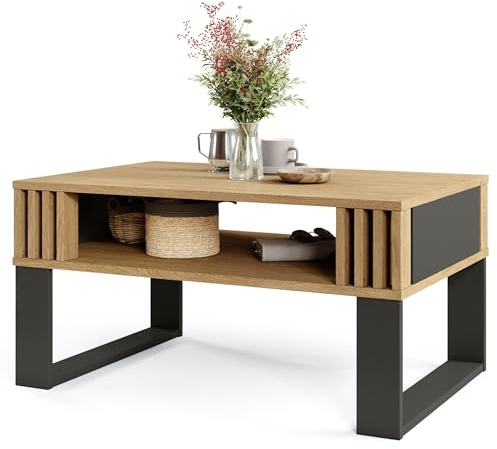 Viosimc Moderner Couchtisch mit Holzdekor-Lamellen, Rechteckiger Wohnzimmertisch mit Regal und Dekorativen Lamellen, Eleganter Zentraler Tisch für Wohnzimmer im Zeitgenössischen Design