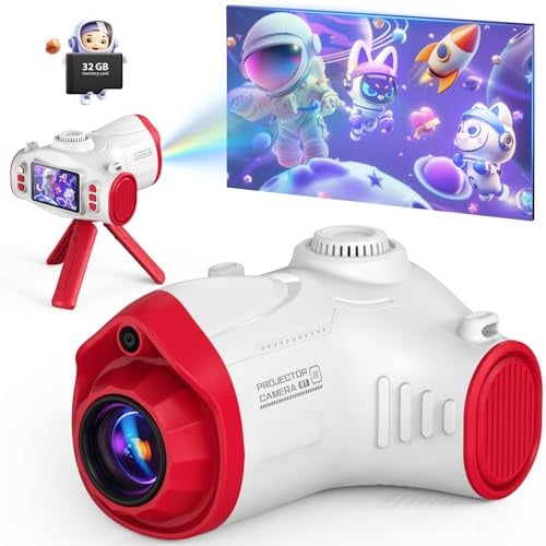 Uffylle Kids Camera with Projector, 1080P Kids Video Camera, White
