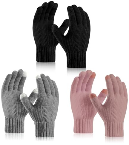 TUONYIS 3 Paar Handschuhe Damen Winter Gefüttert Strickhandschuhe,Thermohandschuhe Fleecefutter, Touchscreen Elastischer Für Indoor-Freizeitarbeit Oder Outdoor-Fahren Pendeln Einkaufen (Mehrfarbig)