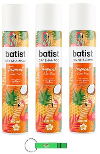 3x Batist Dry Shampoo Tropical - Trockenshampoo Reinigt das Haar in nur wenigen Minuten ohne Wasser Kokosnuss- und Passionsfrucht Duft 200ml+ Beni Culinari Kostenloser Schlüsselanhänger