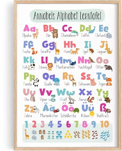 Tassenliebling® - ABC Poster personalisiert - Lernposter (A4 oder A3) mit oder ohne Rahmen - ABC Poster für Kinder mit Zahlen - Alphabet lernen - Kinderposter Grundschule - Tiere