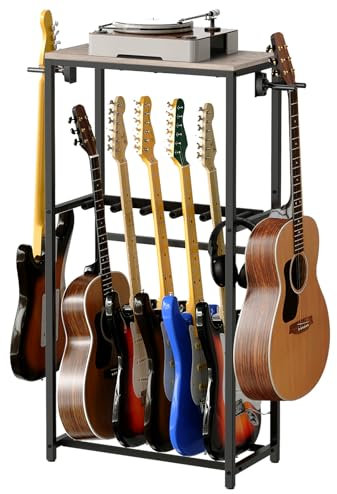 MAHANCRIS Gitarrenständer, 2-Stöckiger Gitarrenständer für Akustikgitarre, E-Gitarre, Bass, Ukulele, Banjo, Plattenspielerständer, mit Gitarrenzubehörständer, EVA-Schutzfolie, Grau AGSHG6501