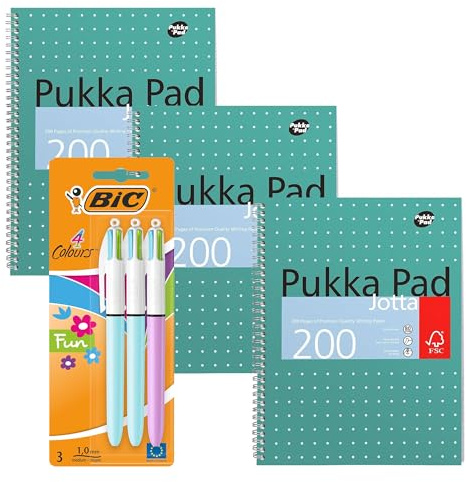BIC 4 Colours Fun Retractable Ballpoint Pens Medium Point Pack of 3 & Pukka Pad A4 Metallic Jotta Book 3 Pack Wirebound Notebook 8mm Lines 80GSM Paper 4-Hole Punch Perforated Edges 200 Pages