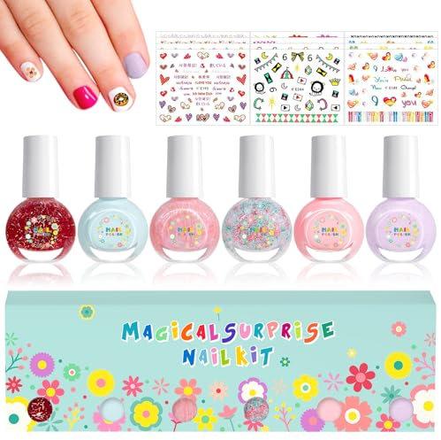 6 Farben Nagellack Set für Mädchen - Peel Off Schnelltrocknend Nagellack mit 3pcs zufällige Nagelaufkleber - Lila Blau Rot Rosa, Wasserbasiert Kinder Nail Polish Geschenke Kit (Colorful Set 03)