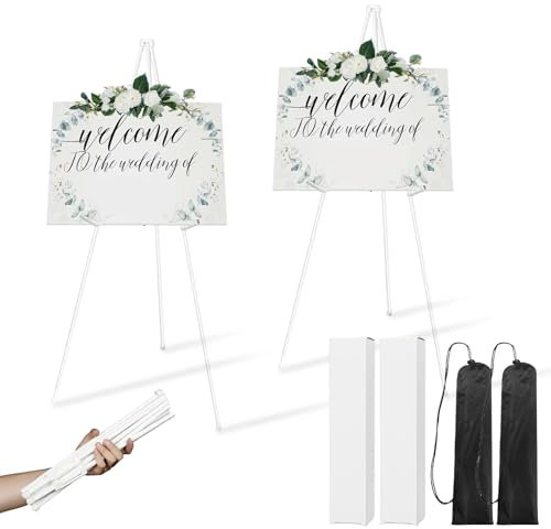 2 Packs Display Easel Stand for Wedding Sign, Portable Folding Easel Floor Art Easel Adjustable 168cm Metal Easel, White Easel Stand for Wedding Sign with Bag for Wedding Sign Poster White Indoor Out