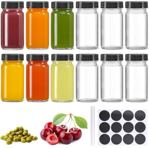 KAHEIGN 12Pcs Glass Shot Bottles with Lids, 60ml Small Clear Juice Shot Bottle Reusable Wide Mouth Leakproof Jar for Ginger, Wellness Shot, Juice, Sample, Whiskey - Dishwasher Safe (Black)