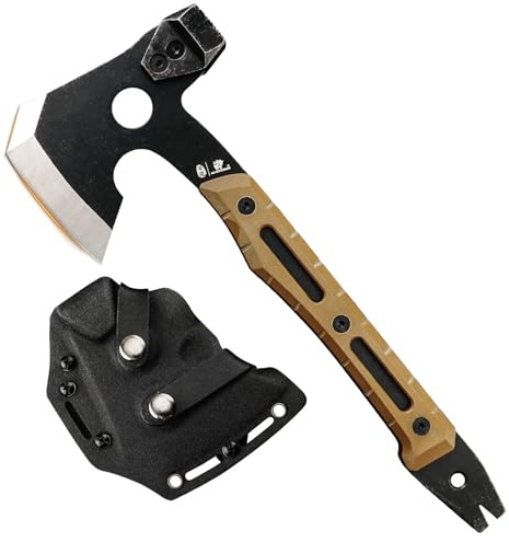 HX OUTDOORS Multifunktionale Axt, Volltang Überleben Camping Taktische Axt Beil, Camp Bushcraft Handbeil mit Hammer und Nagelzieher (Braun)