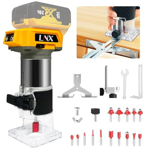 800W Cordless Wood Router Compatible with Dewalt 20V Battery,L1NXIXI 30000RPM Brushless Motor Router Attach 15PCS 1/4 Router Bits,6 Speeds Hand Trim Router,Edge Guide,Roller Guide,(NO Battery)