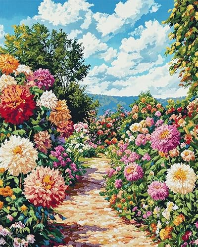 YarnAdventures Colorful Flowers Cross Stitch,Dahlia Garden,Embroidery Printed Patterns Christmas Ornament Wall Hanging for Adults Beginners Home Decor,40x50cm