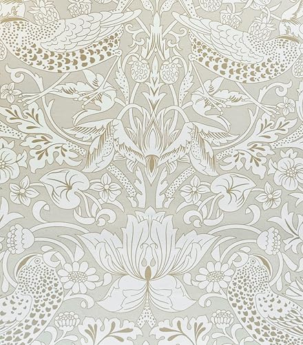 HueBurst 17.7x118in William Morris Wallpaper Peel and Stick Vintage Floral Wallpaper Neutral Strawberry Bird Self Adhesive Contact Paper Waterproof for Bedroom Bathroom Cabinets Drawers Decor